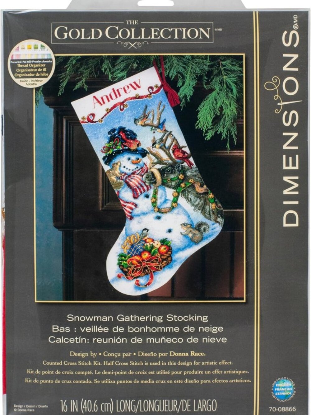 Personalized Snowman Gathering Christmas Stocking Kit, Gold Collection, 16" Aida